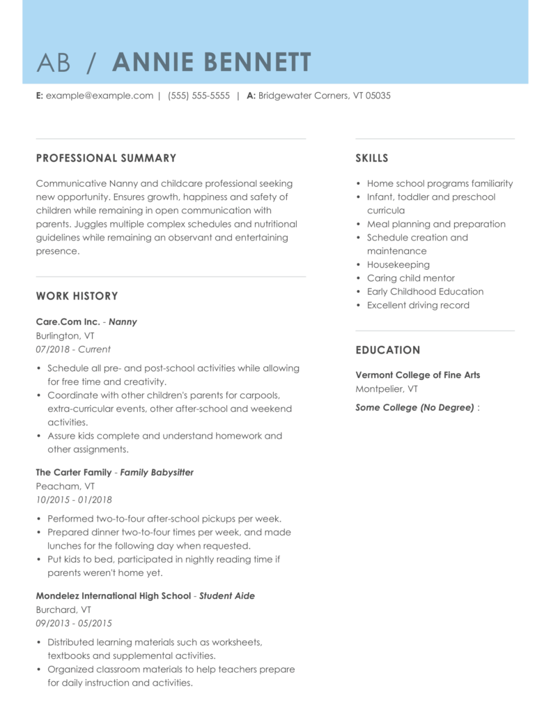 sample resume for nanny in canada