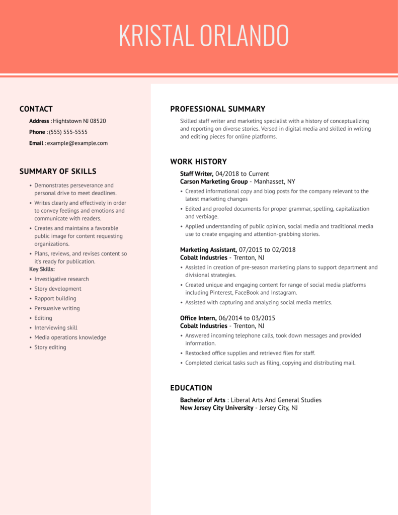 resume template for a writer