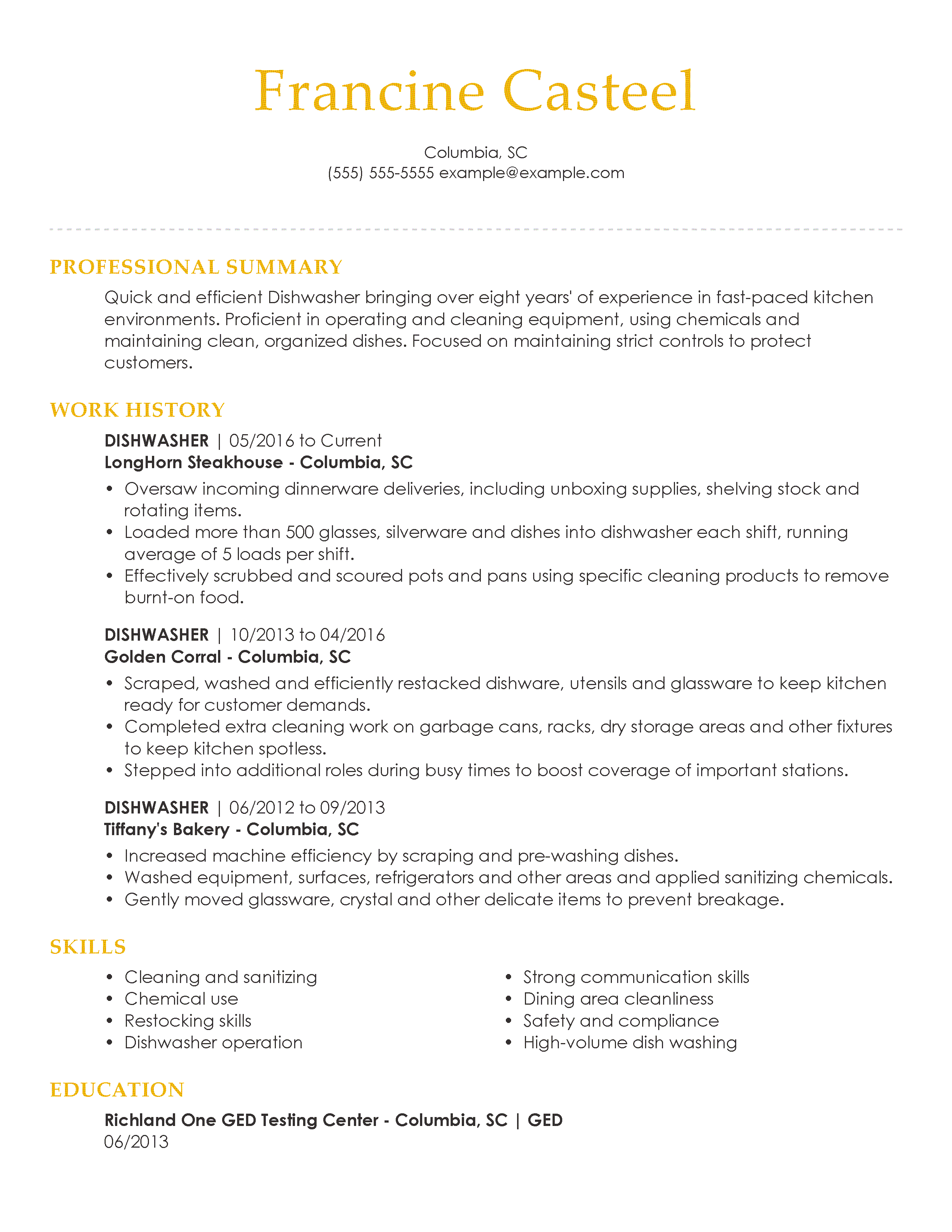 sample resume for restaurant dishwasher