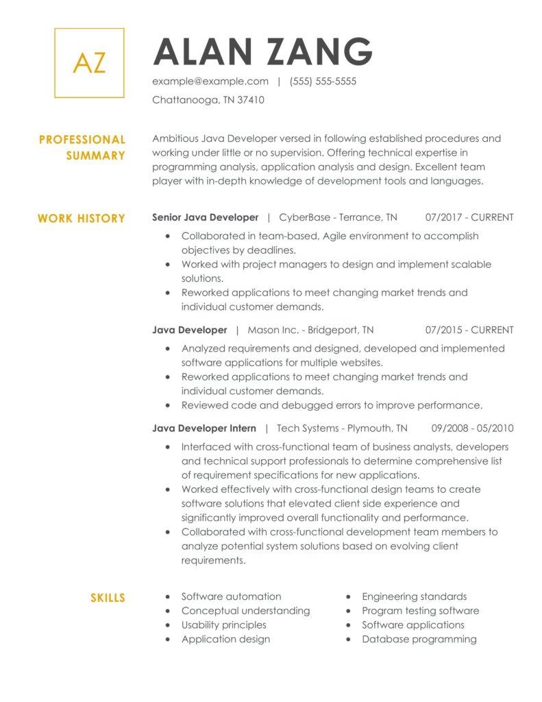 java developer resume template download