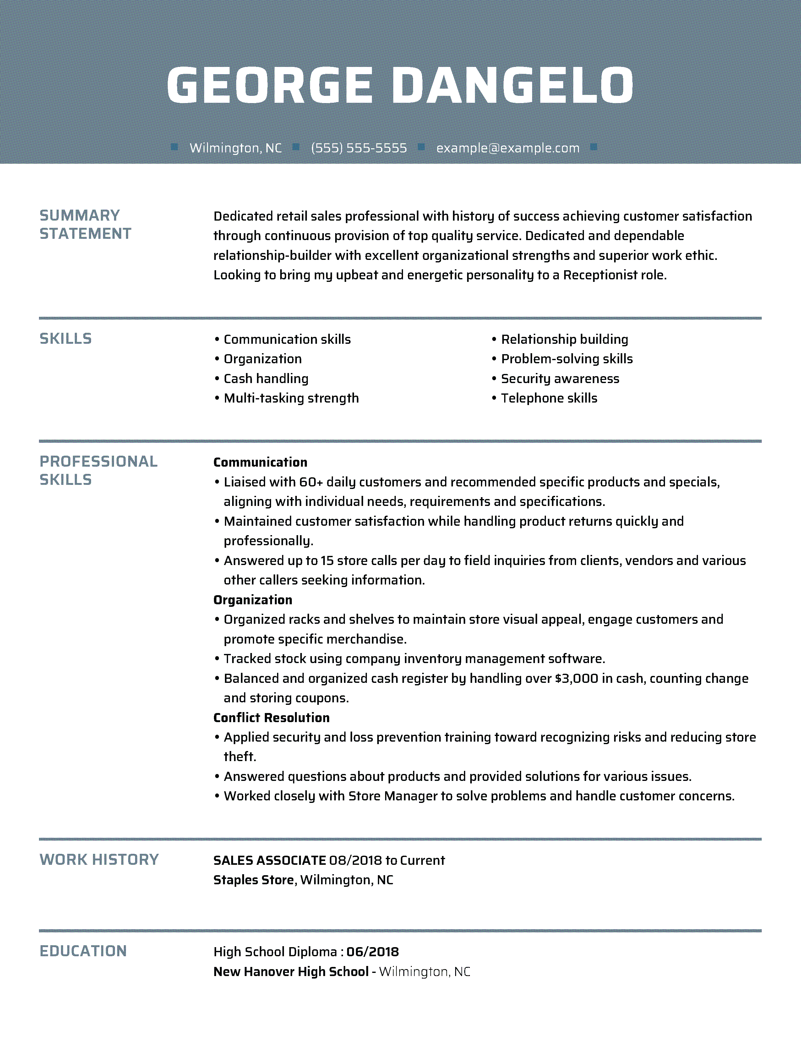 resume for receptionist position