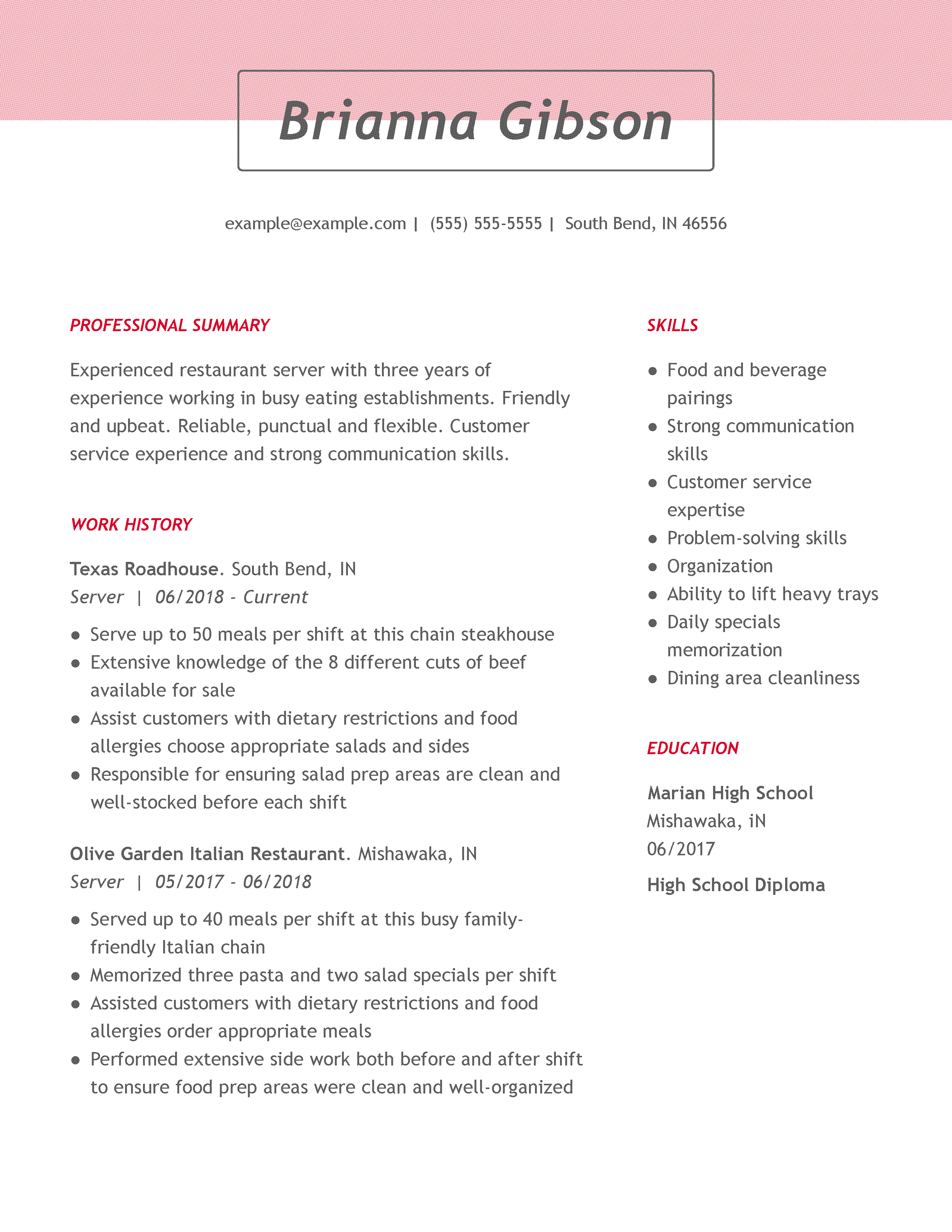 Quality Restaurant Server Resume Example  MyPerfectResume