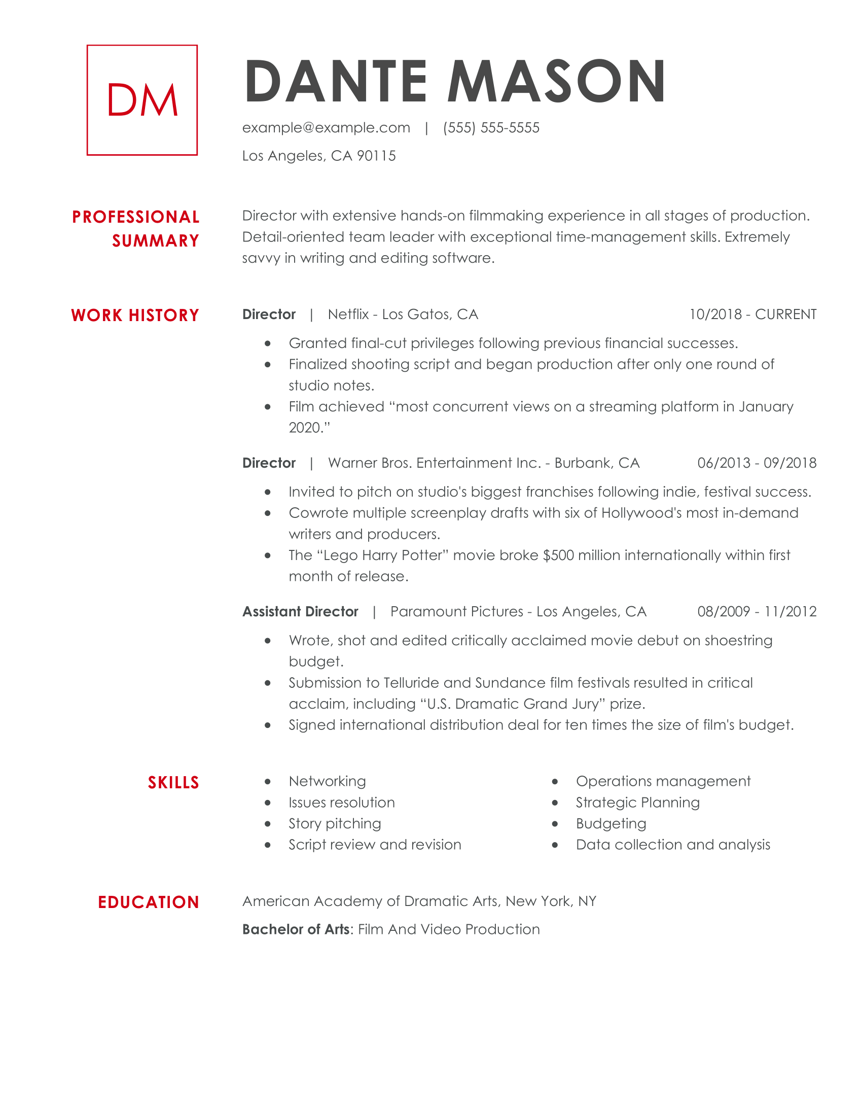 movie resume example