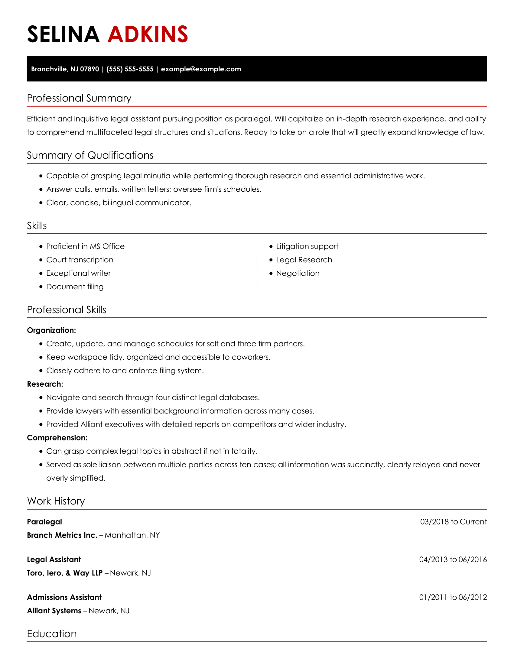 Entry level paralegal resume examples