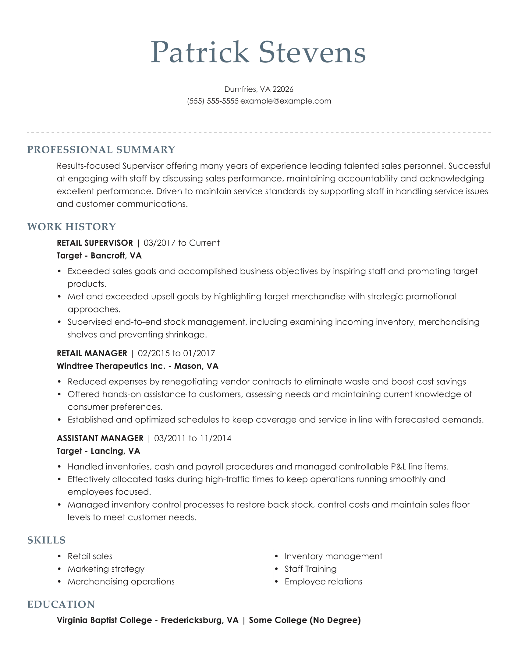 examples of retail manager resume