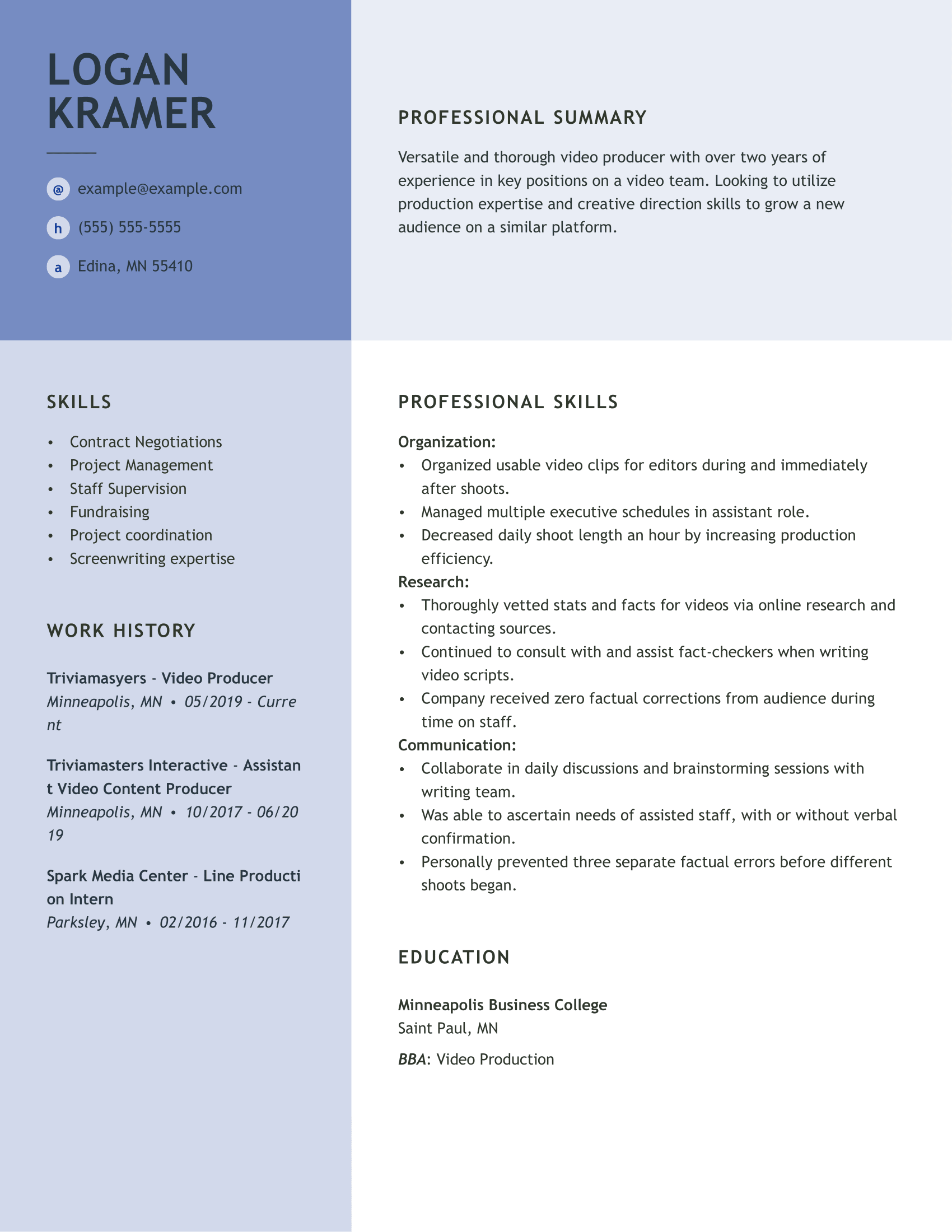 resume for film student