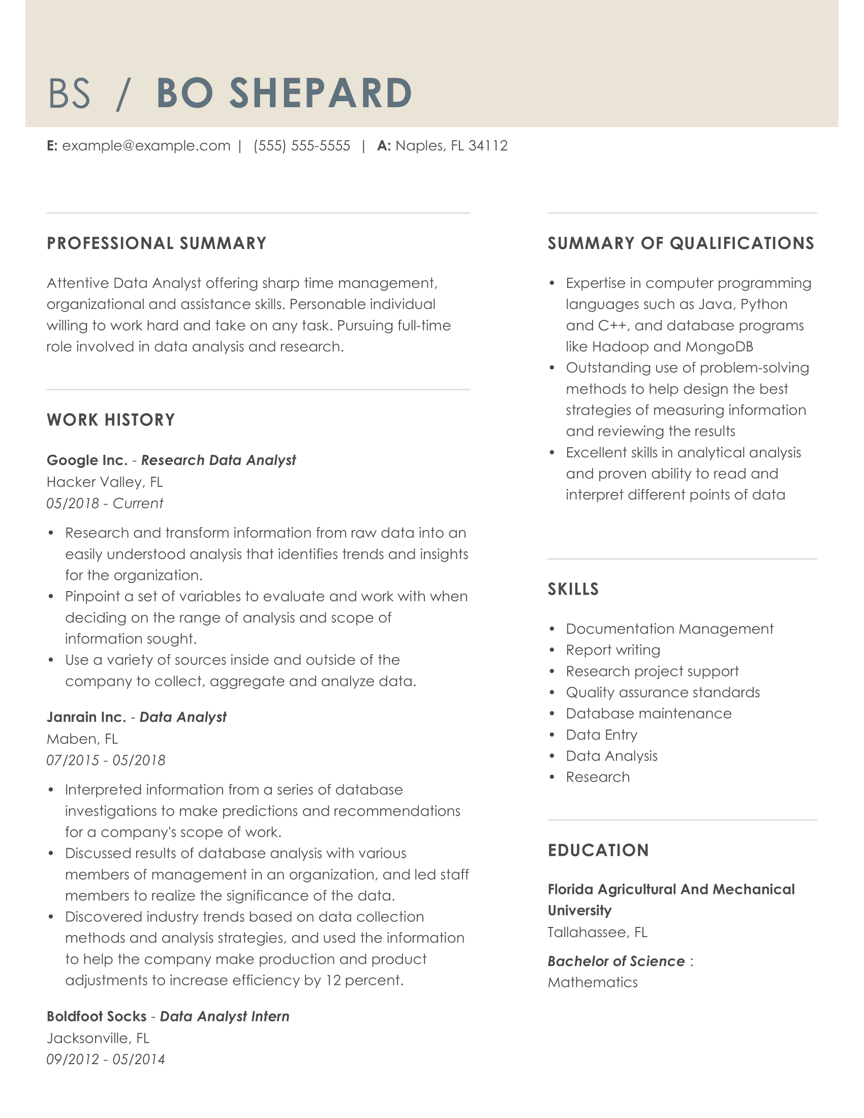 data analyst work experience resume