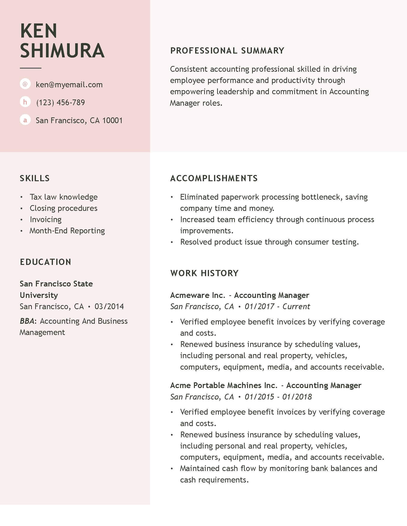 sample resume accounting manager