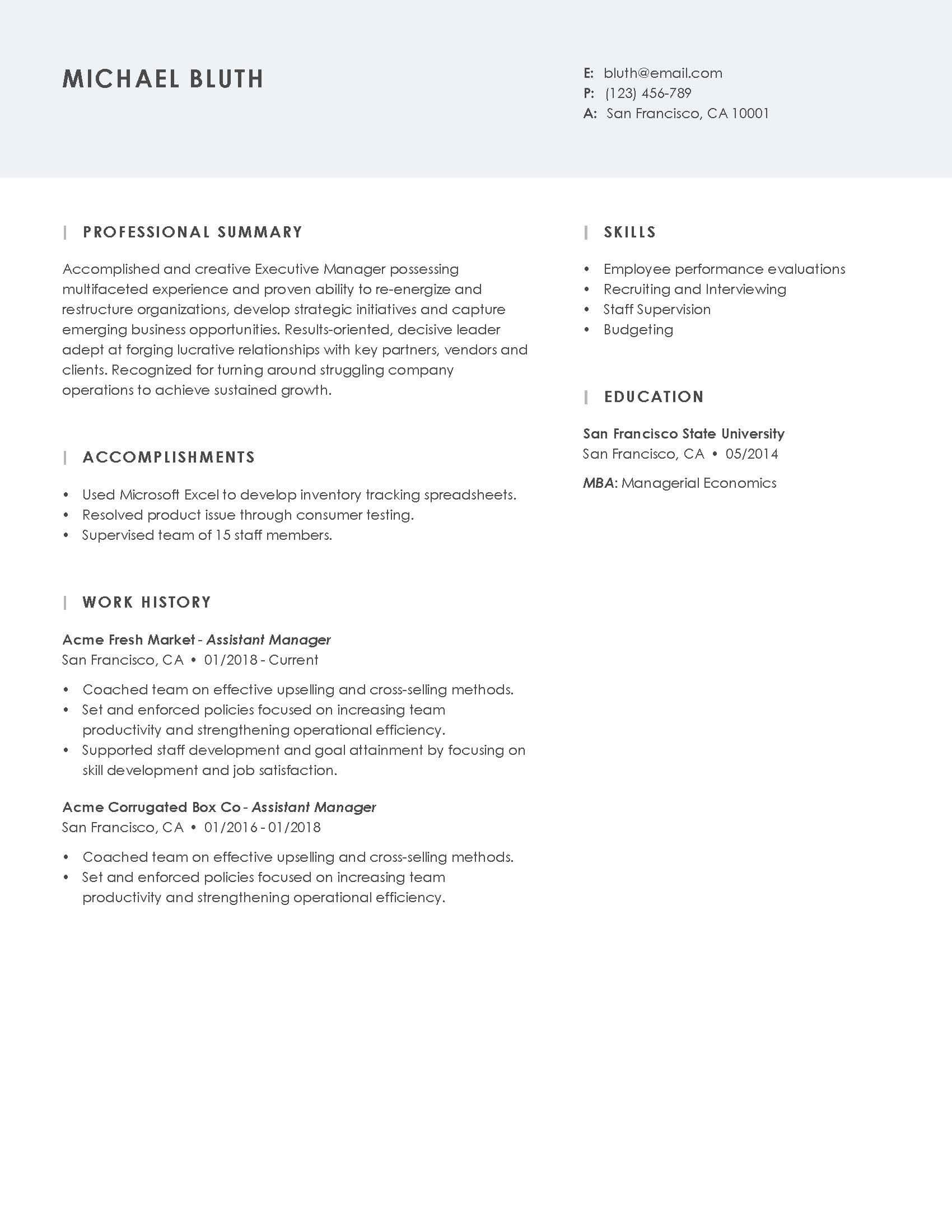 assistant manager job description resume