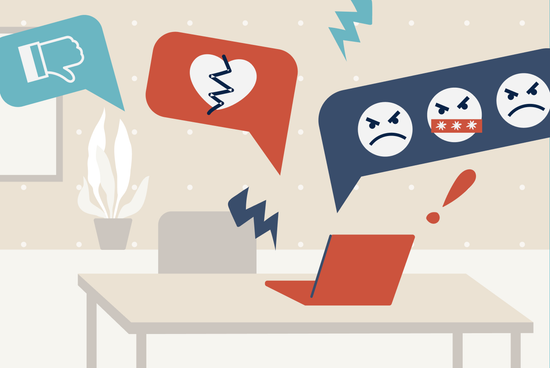 Illustration of an empty desk with a laptop surrounded by hostile speech bubbles containing broken hearts and angry faces, representing workplace bullying.