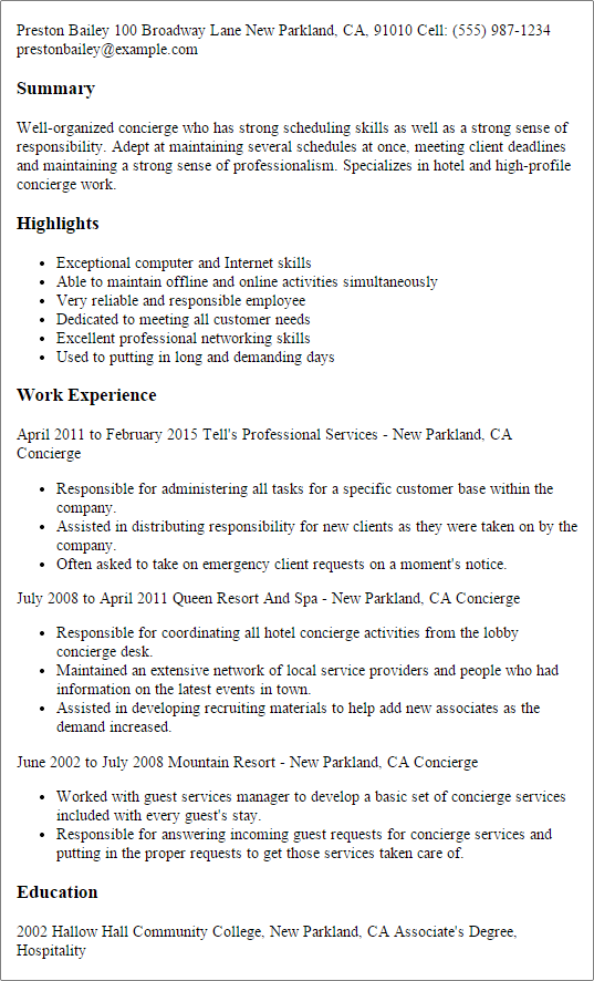 Concierge Resume Example Best Design & Tips
