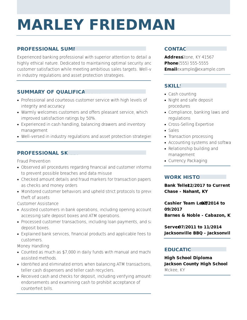 resume example for bank teller