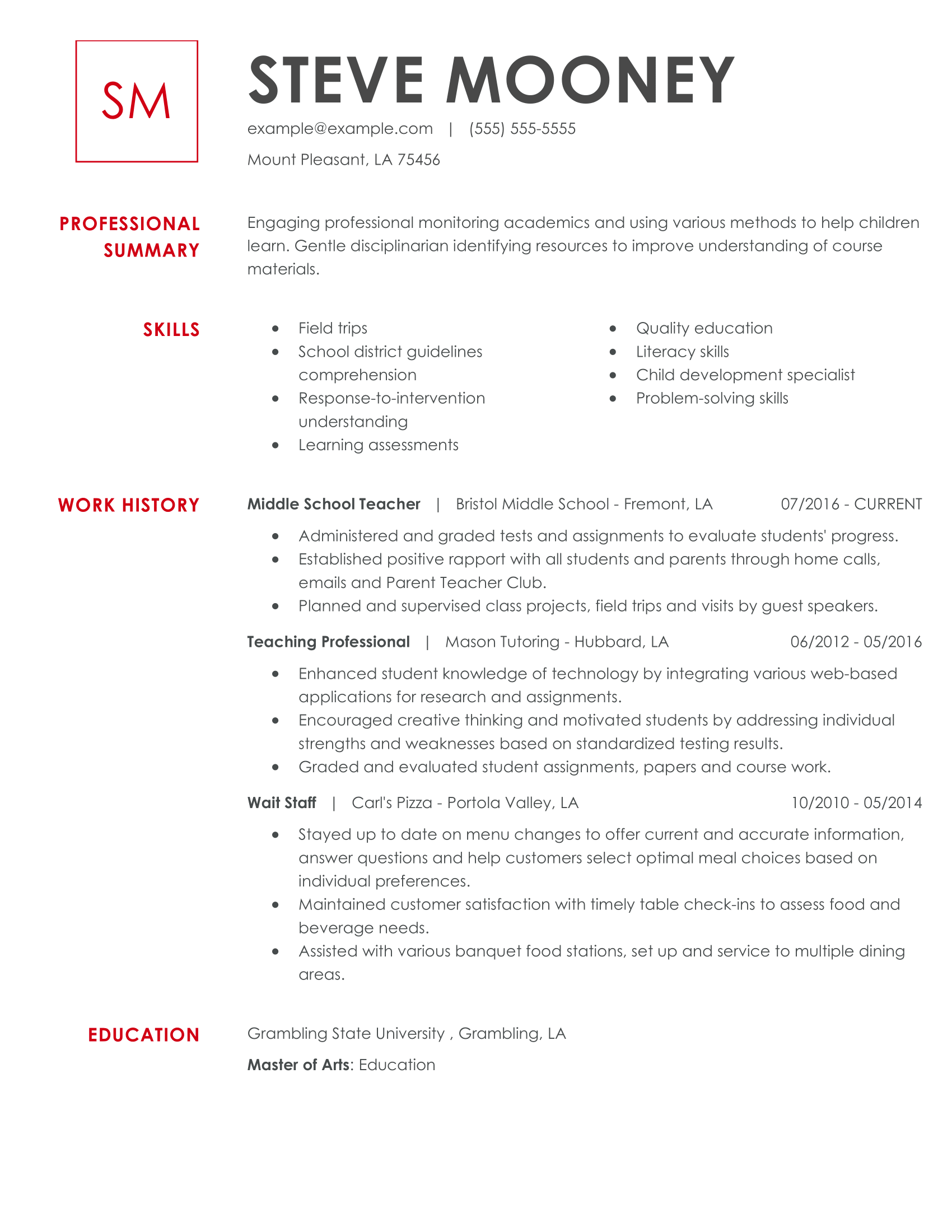 resume assignment for middle school