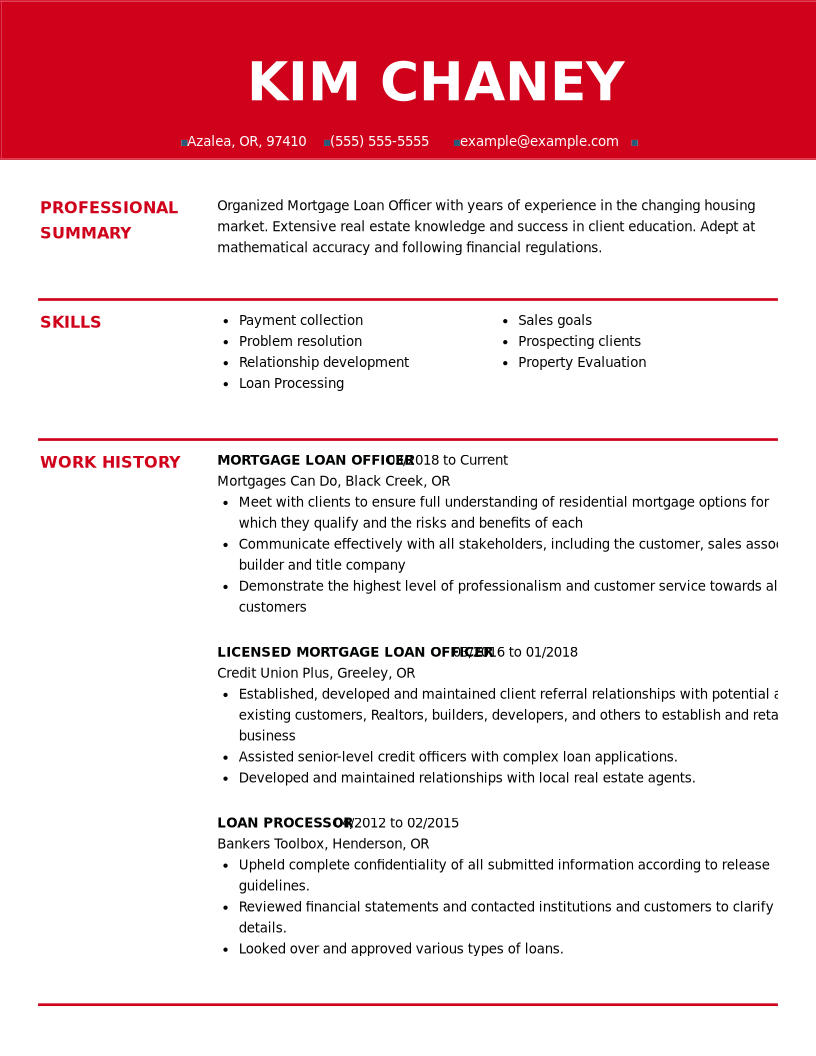 Mortgage Loan Officer Resume Example | Myperfectresume