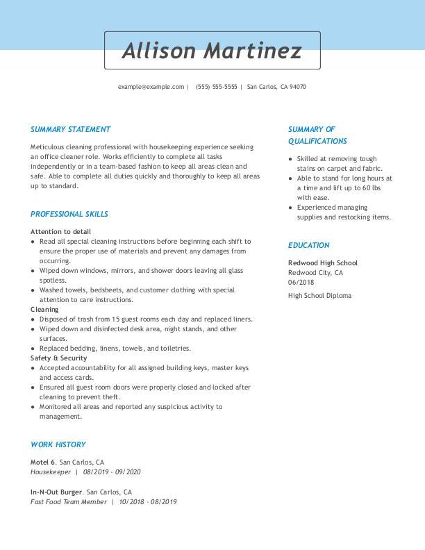 sample resume for job cleaner