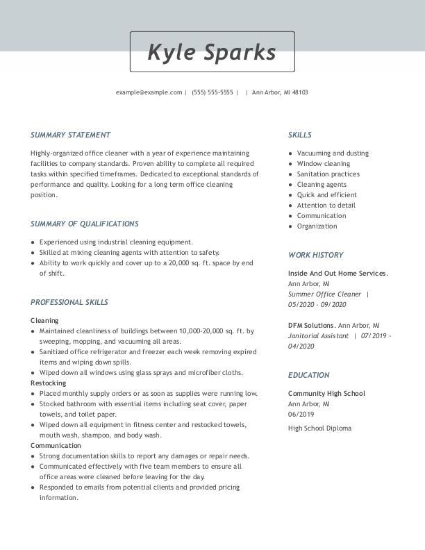 Professional Janitorial Resume - Office Cleaner Emphasized FuncC 