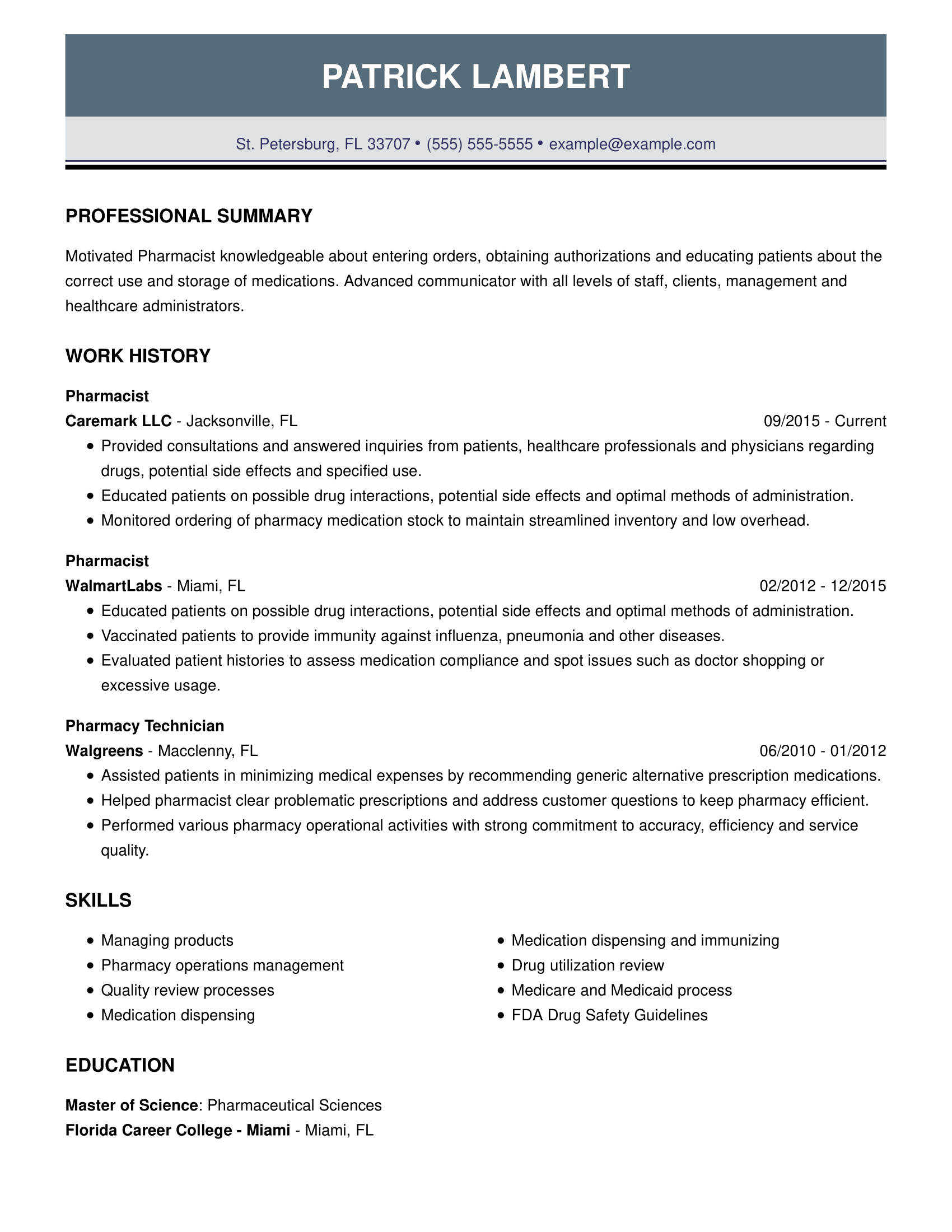 Pharmacist Resume Template Word