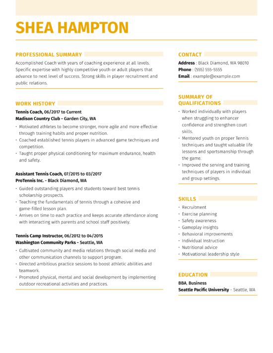 Winning Tennis Coach Resume Example MyPerfectResume
