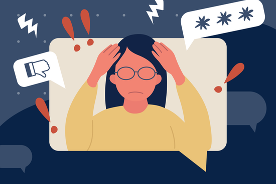 An illustration of a woman inside a large speech bubble holding her head amidst symbols of stress like lightning and a thumbs down.
