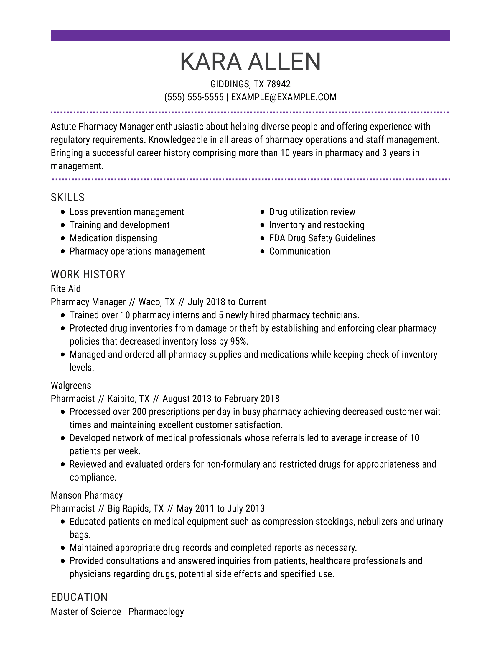 Pharmacy Manager Resume Example + Useful Tips | MyPerfectResume