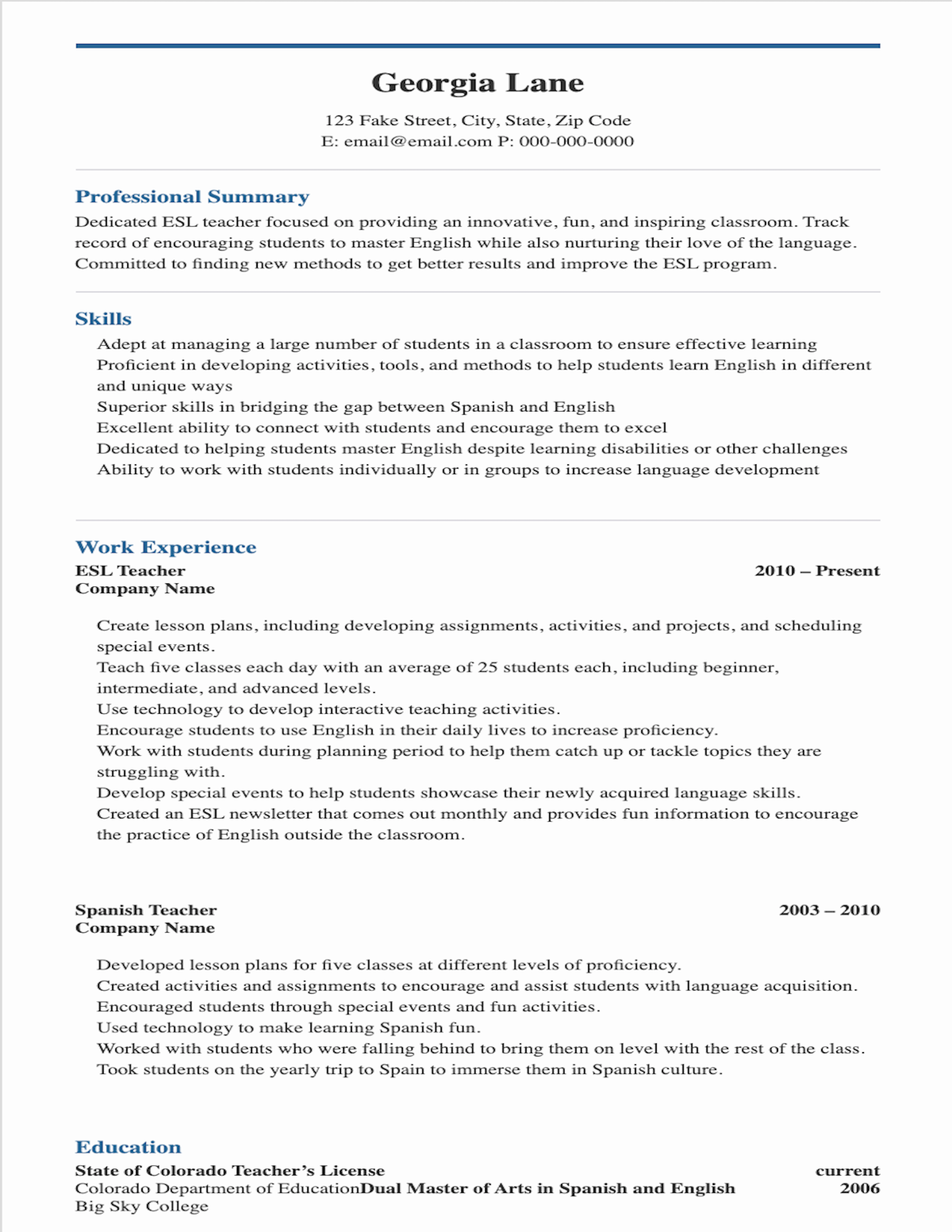 Esl Teacher Resume Template For Word