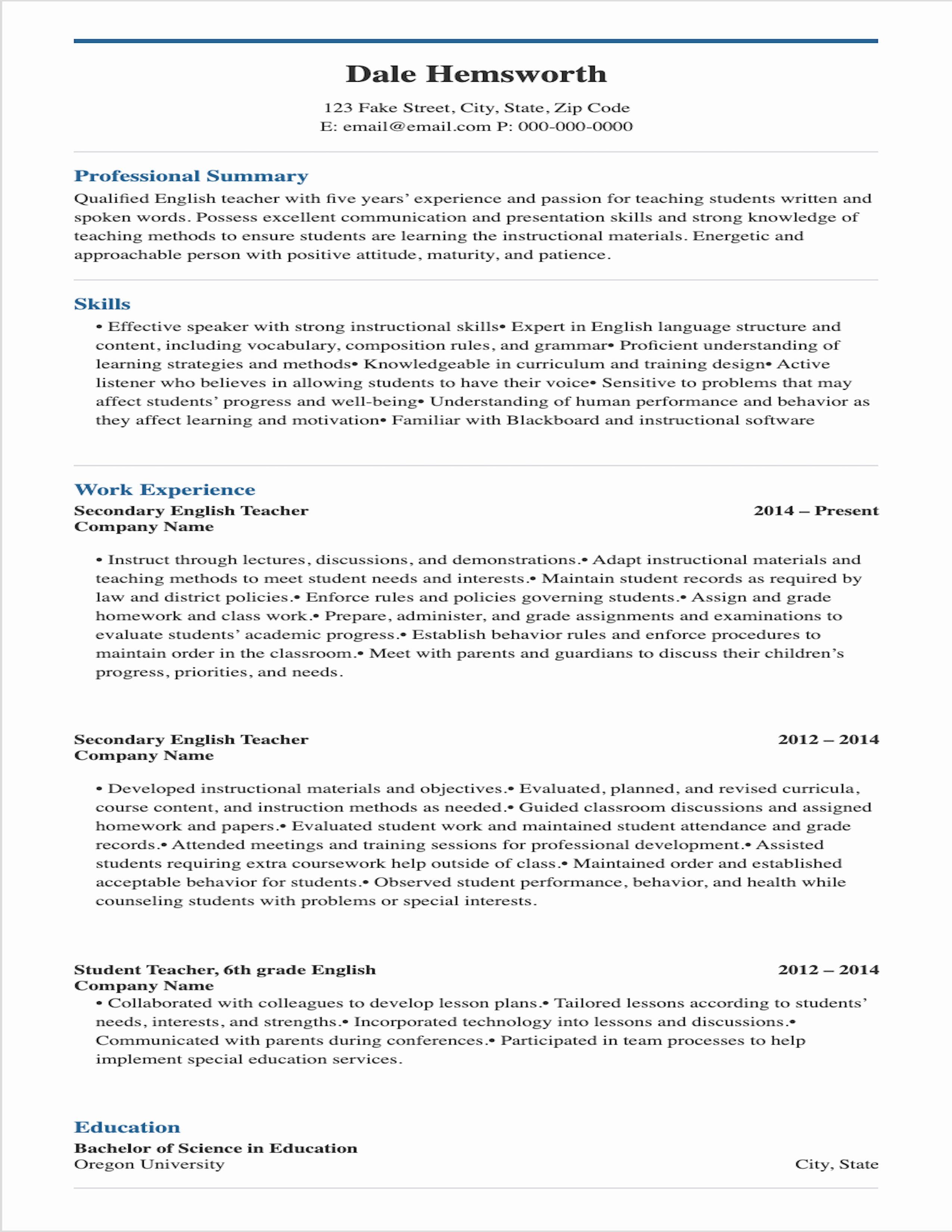 english teacher resume word format download