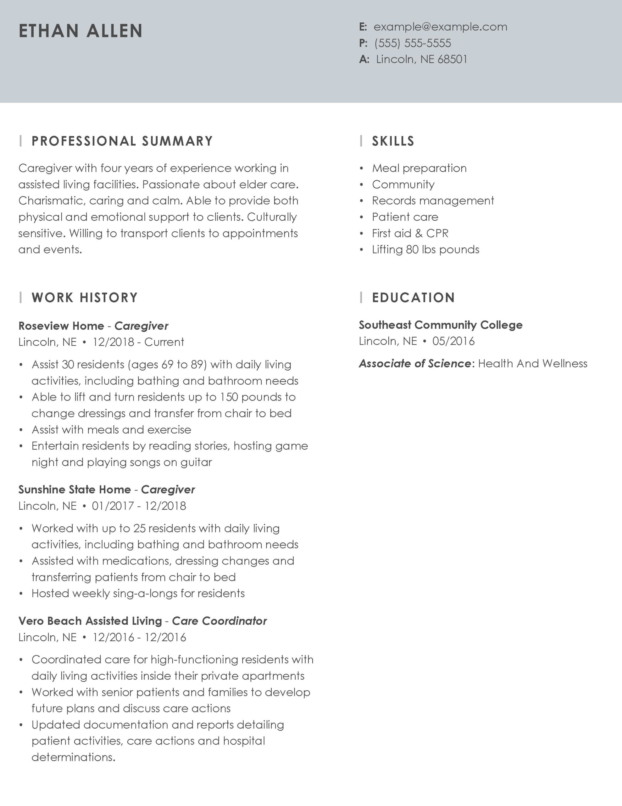 example of resume objective for caregiver