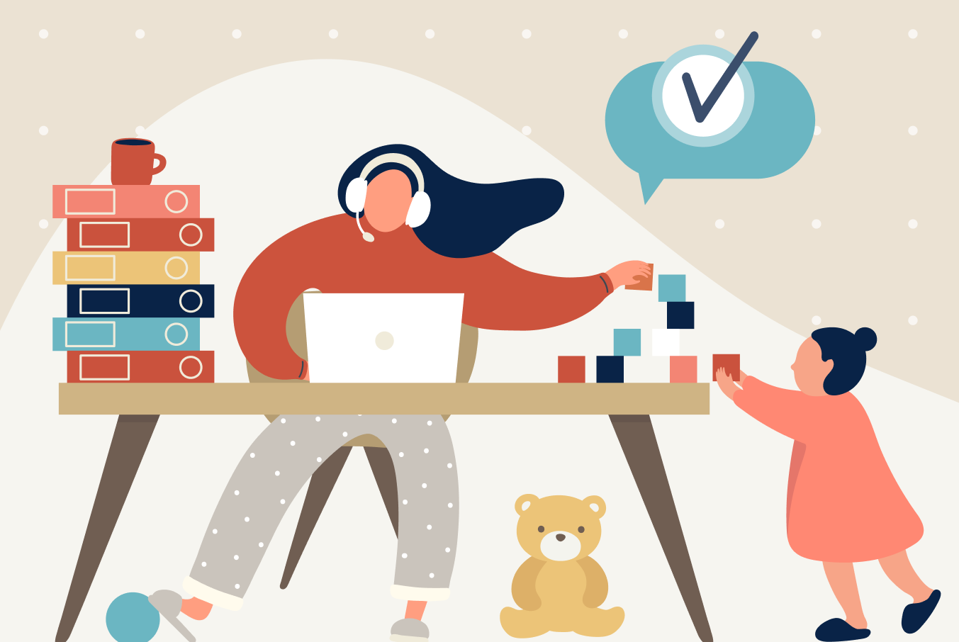 An illustration of a mother working at a laptop while simultaneously playing blocks with her young child.
