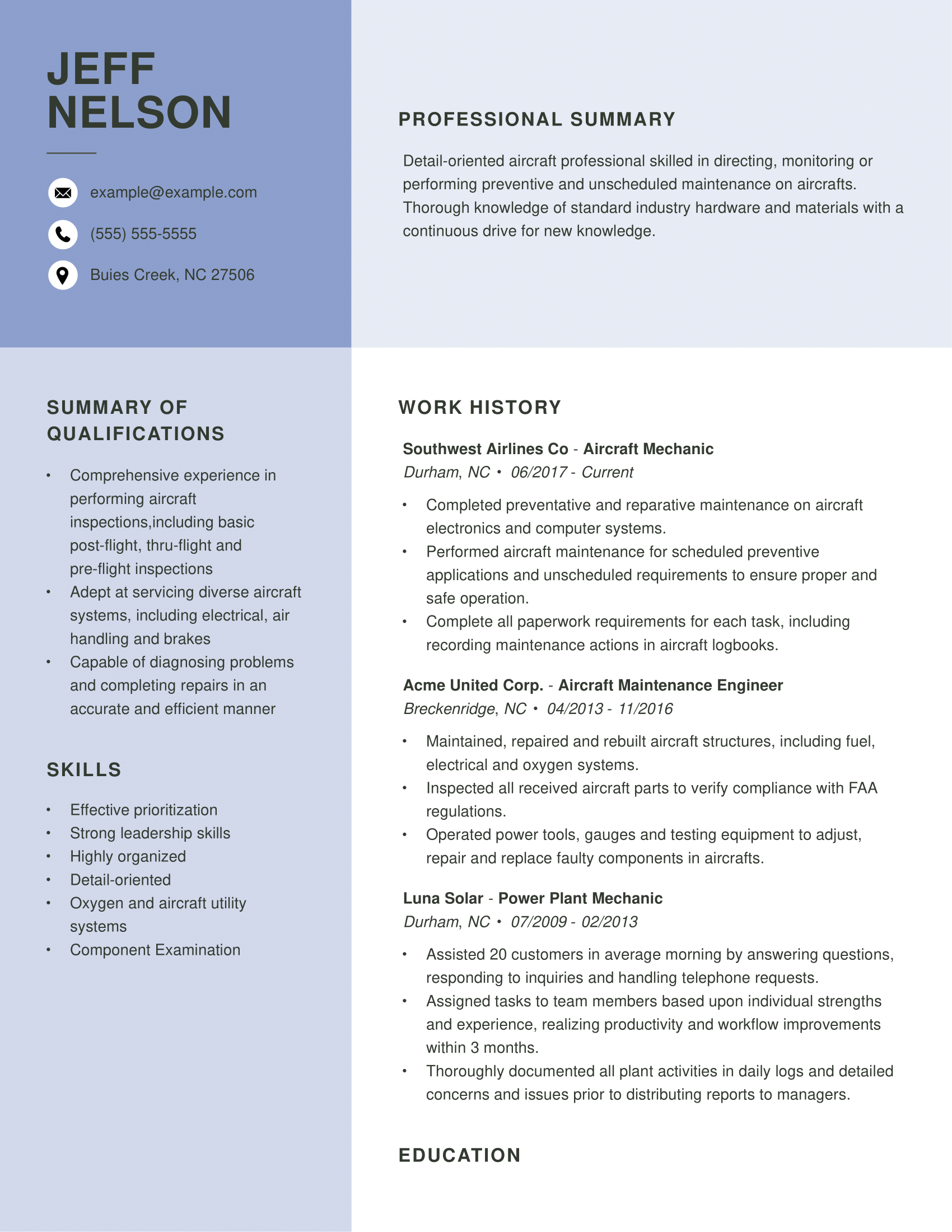 Aircraft Mechanic Resume Example | MyPerfectResume