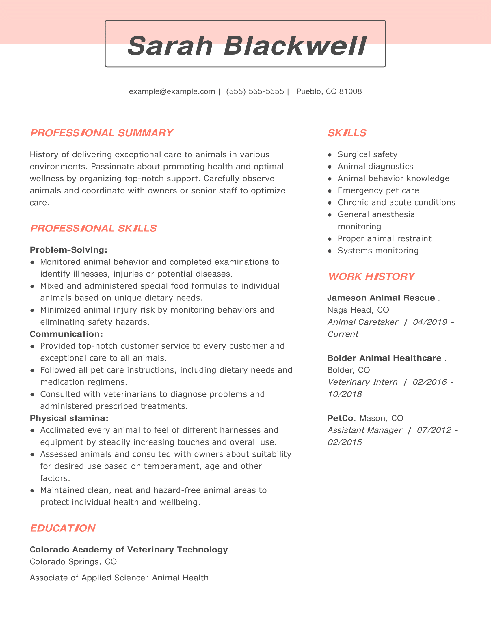 Animal Caretaker Resume Example + Tips | MyPerfectResume Animal Caretaker Resume Example + Tips | MyPerfectResume