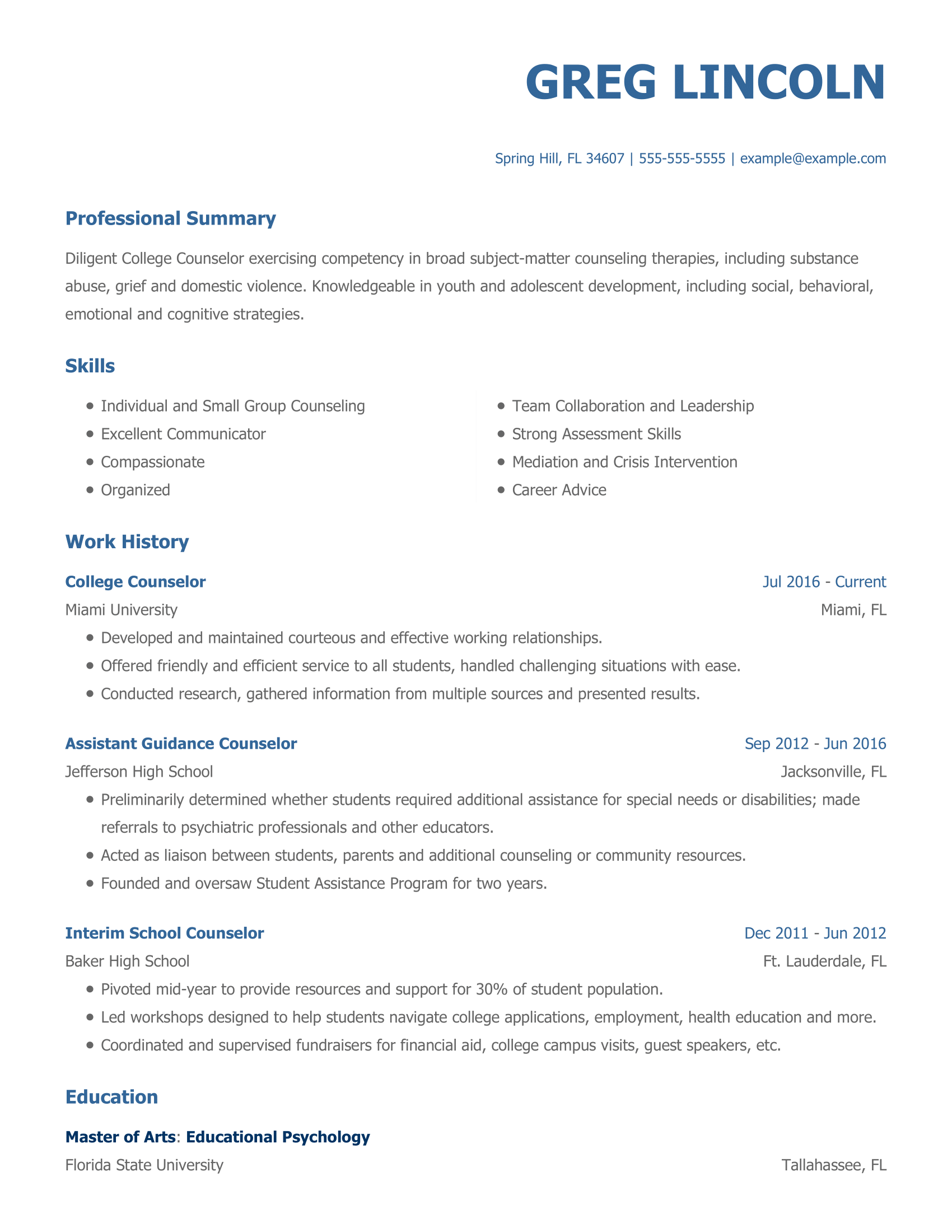 grad school resume for counseling