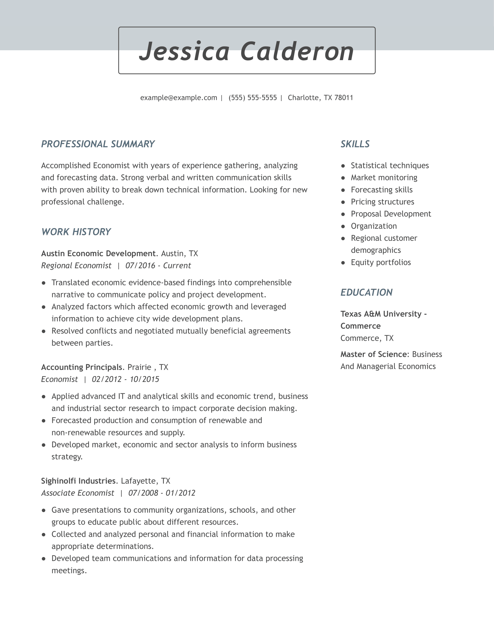 economist resume summary examples