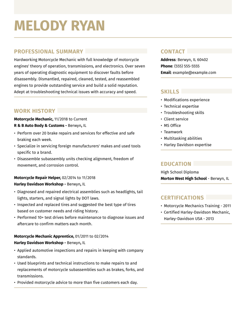 Mechanics Motorcycle Mechanic Resume Examples for 2024 Templates & Tips