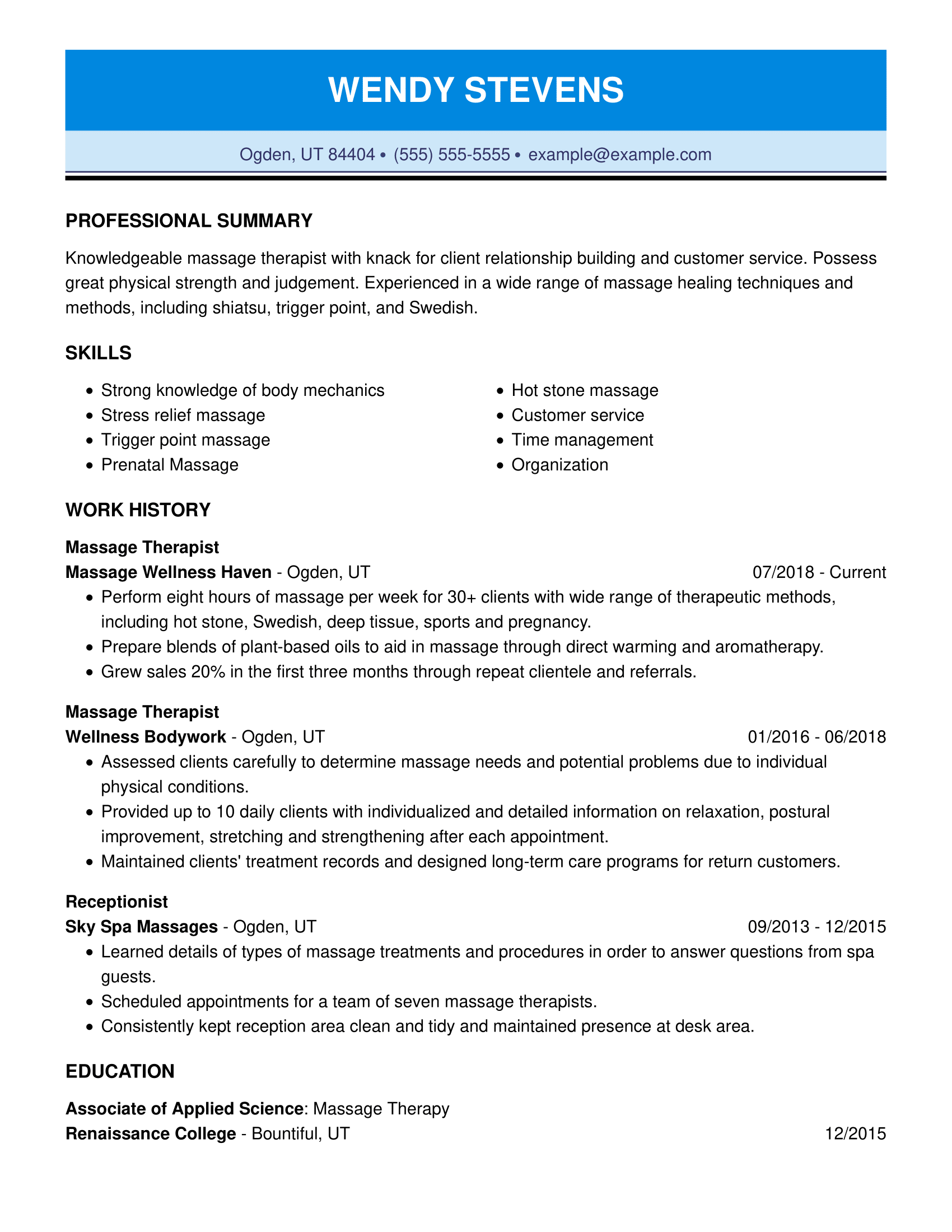 2022 Best Massage Therapist Resume Example Myperfectresume