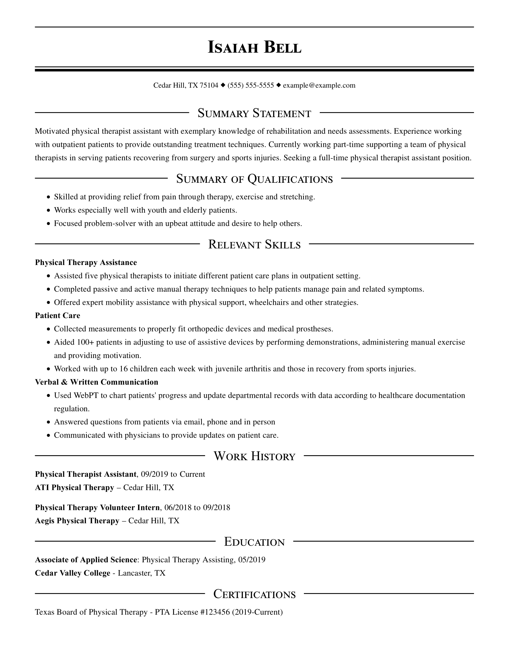 resume objective examples for physical therapist aide