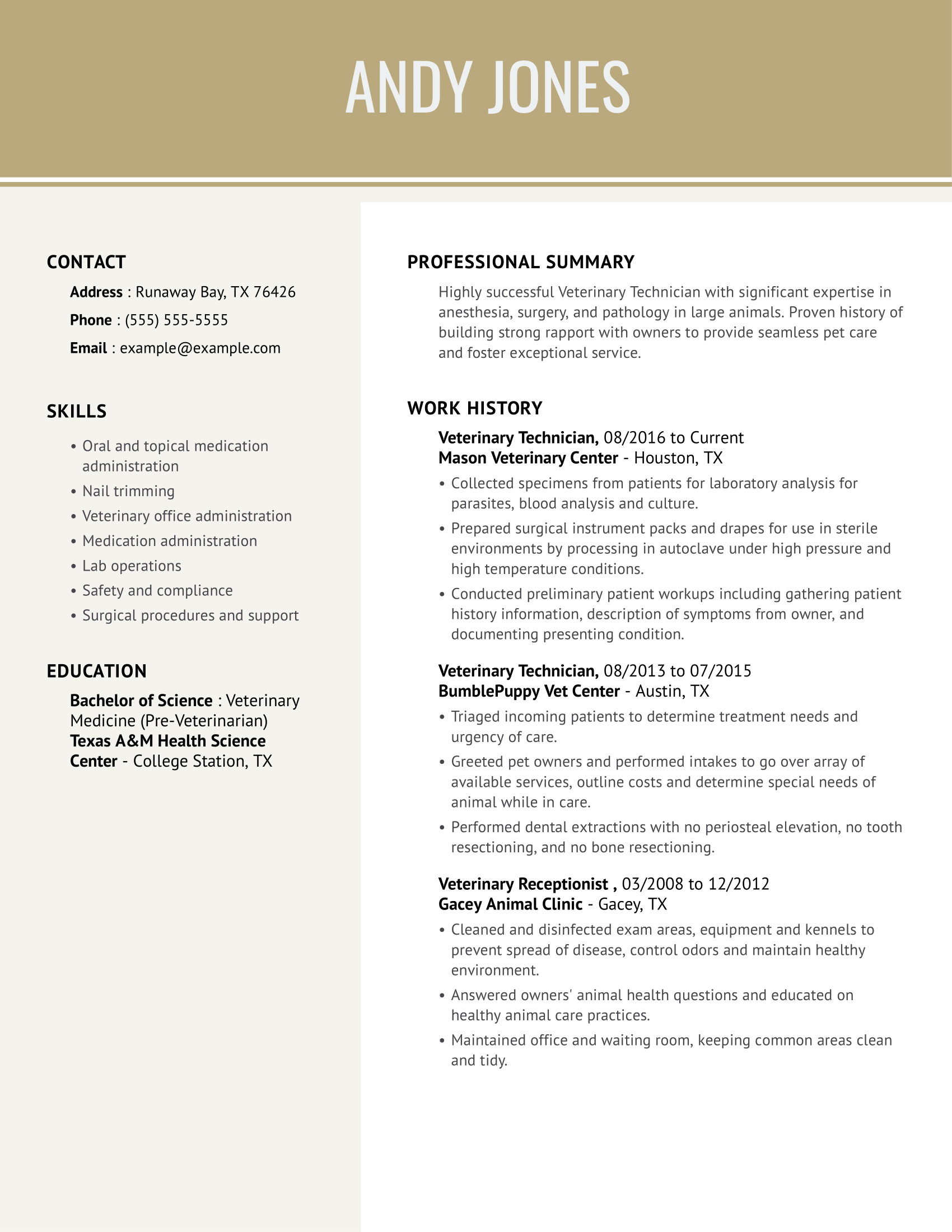 resume skills for vet tech