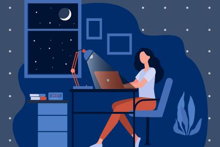 Illustration of a person sitting at a desk working on a laptop at night, with stars and the moon showing through the window in a home setting