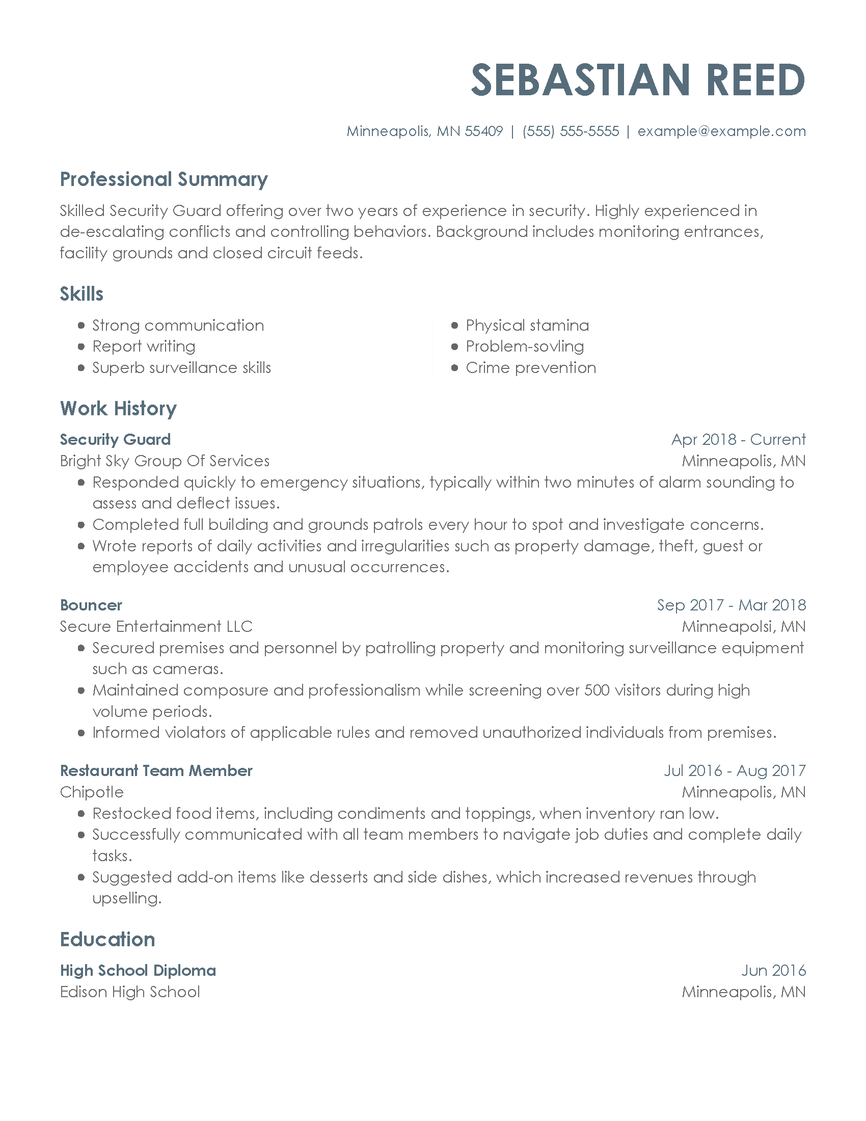 resume examples for security guard no experience