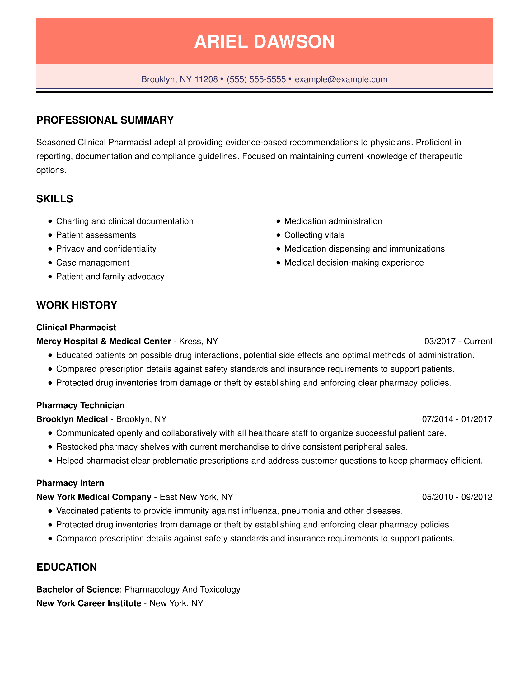 Clinical Pharmacist Resume Example  MyPerfectResume