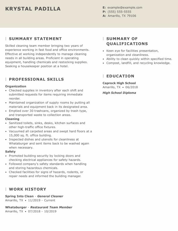 resume housekeeper example