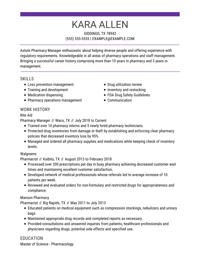 Pharmaceutical Pharmacy Manager Resume Examples for 2024 Templates & Tips