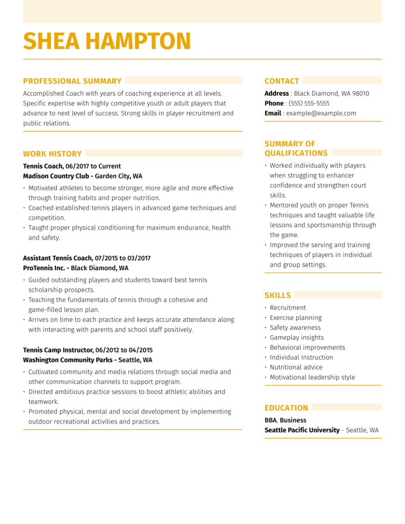 Sports Tennis Coach Resume Examples for 2024 Templates & Tips