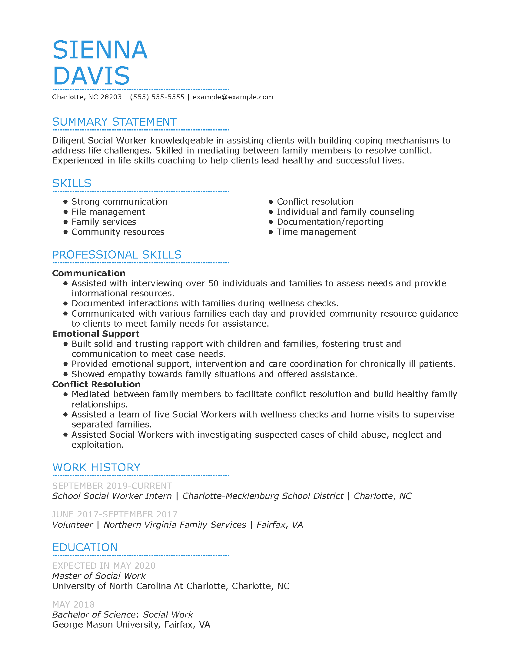 social service resume summary