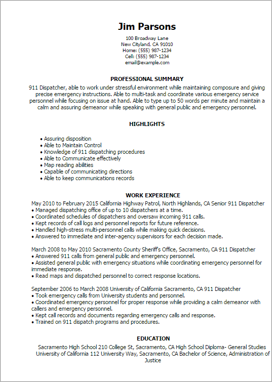 911 operator summary for resume