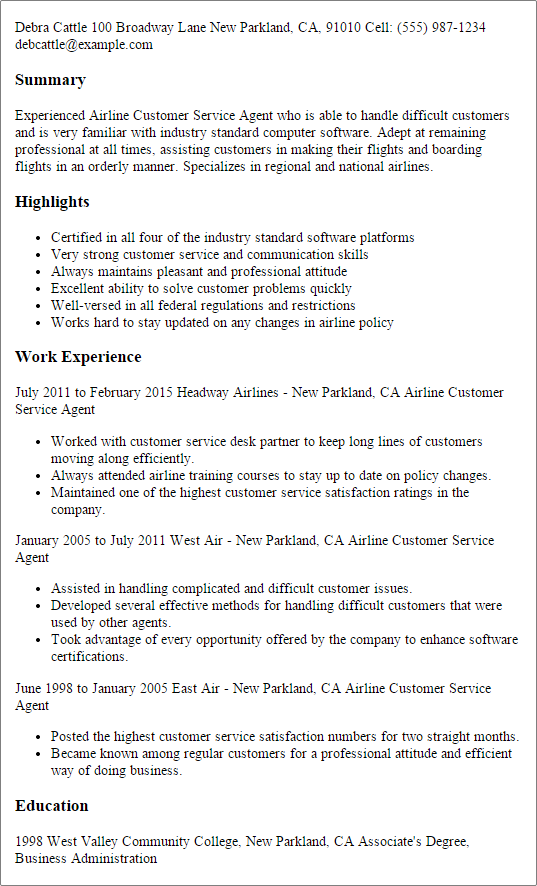 sample resume for airline customer service supervisor