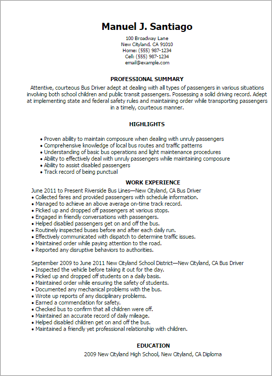 resume format for bus driver