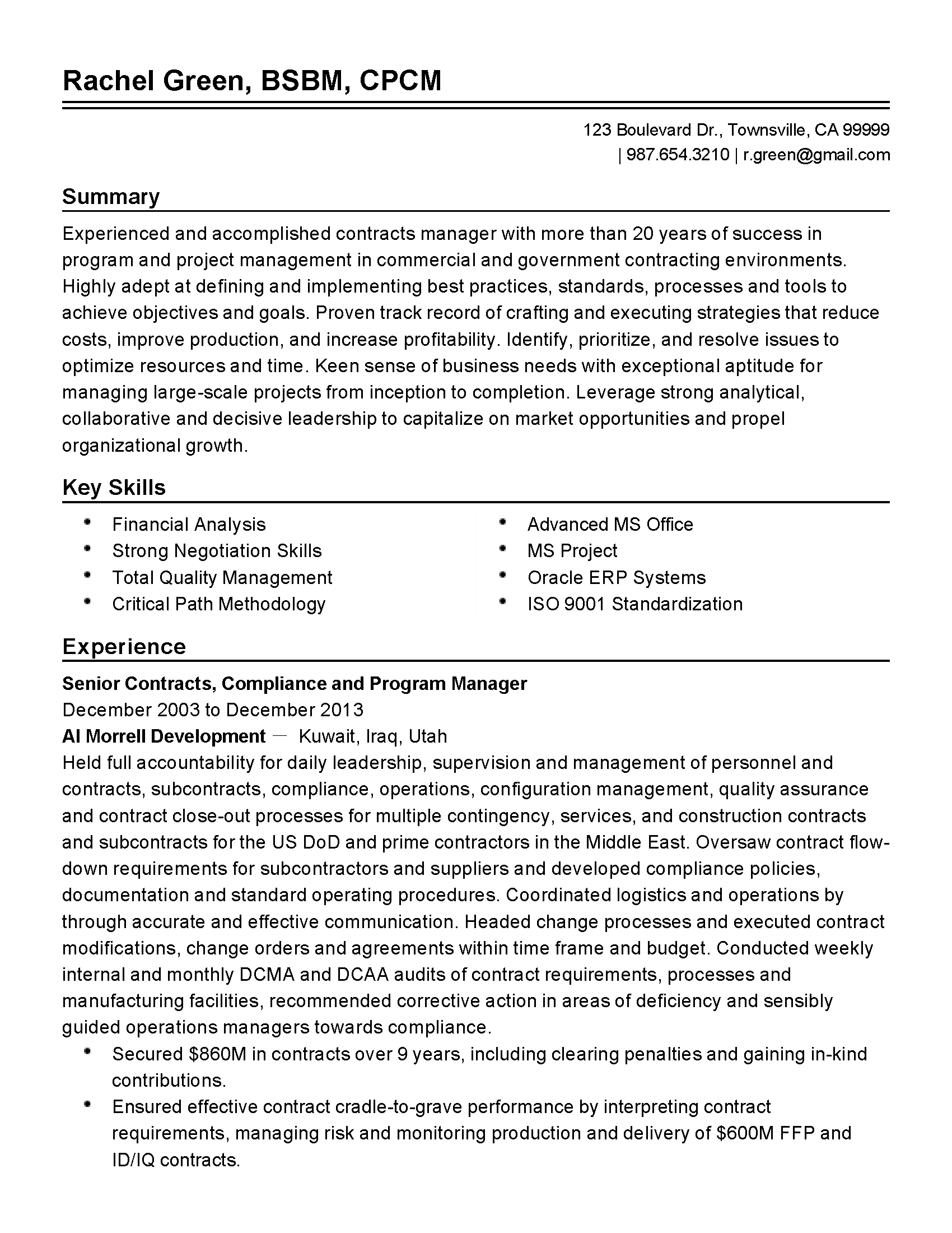 Professional Contracts Manager Resume Example Myperfectresume