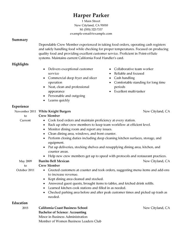 resume format for service crew