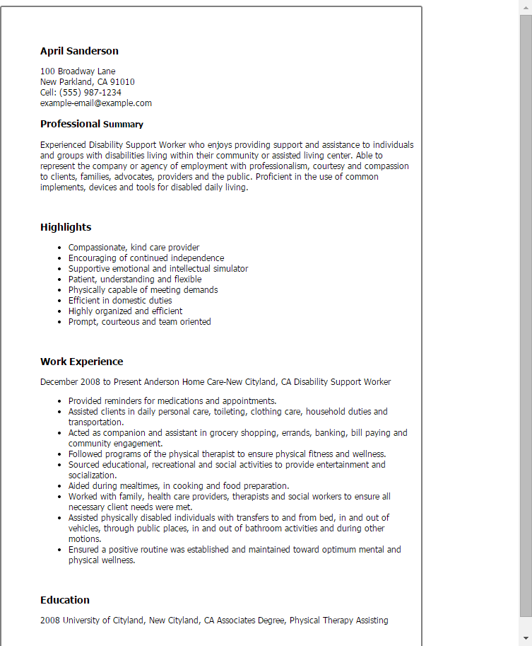 resume template disability support worker