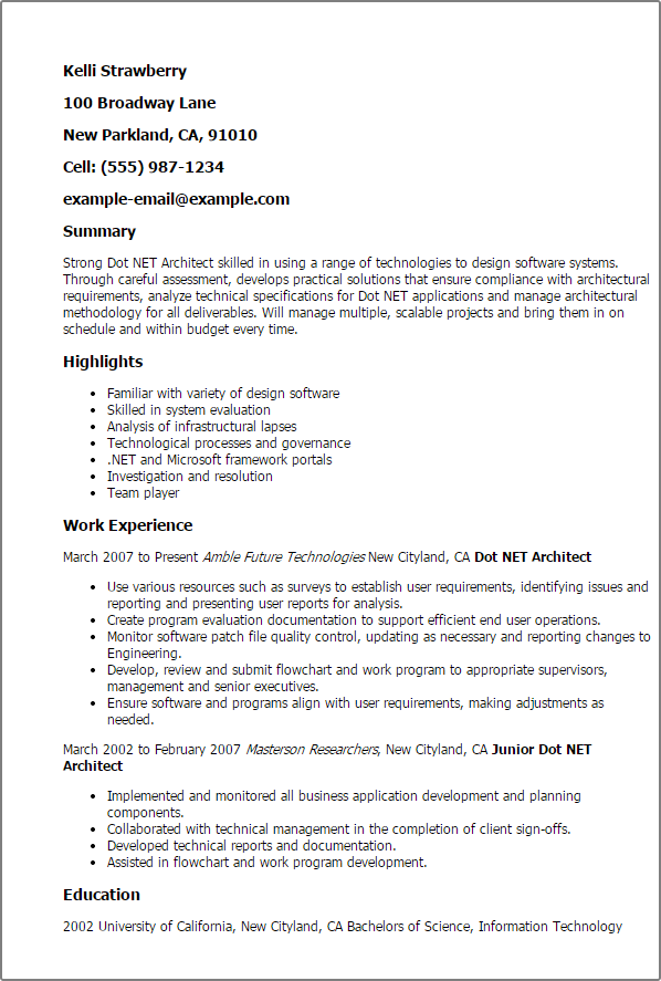 Dot Net Architect Resume Example